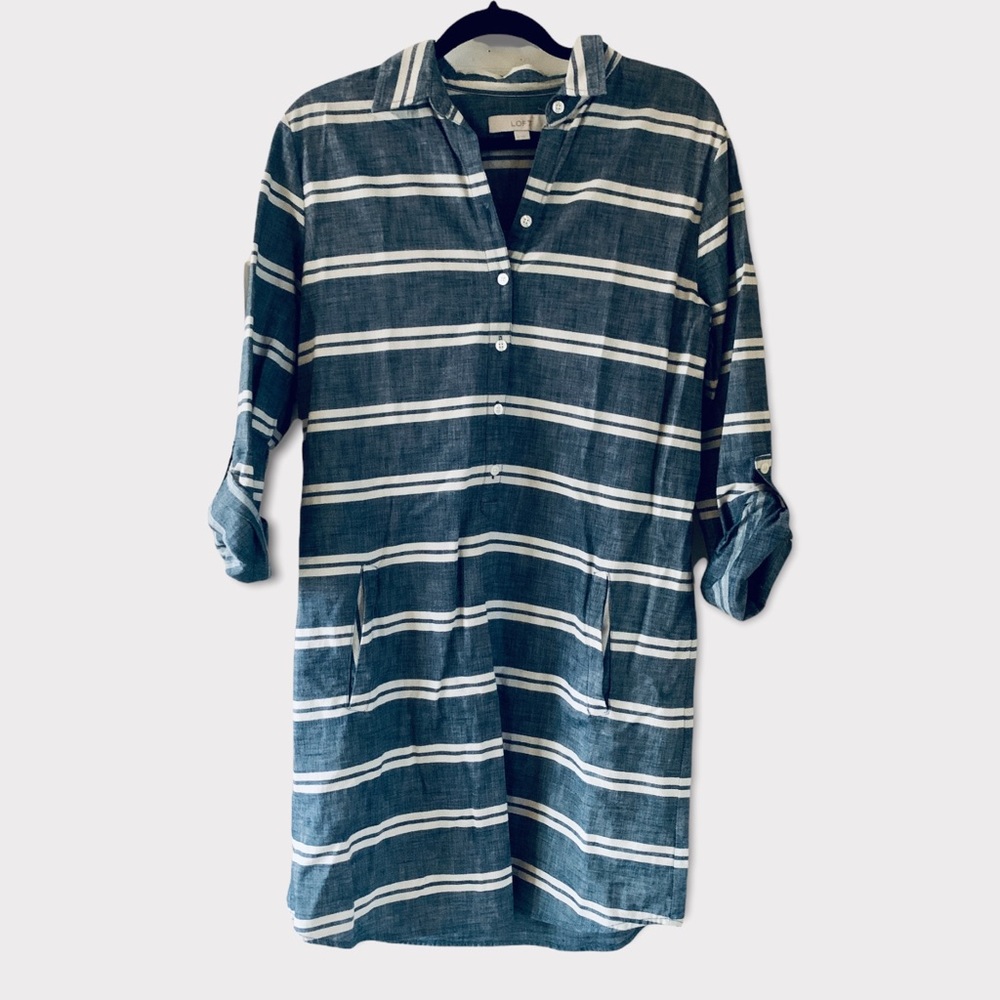 LOFT Linen Blue Collared Tunic Dress